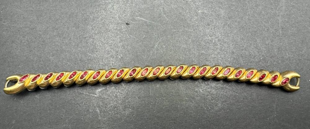 Bretton Vintage Gold Tone Bracelet with Red Marquise Cut Rhinestones Twist Link